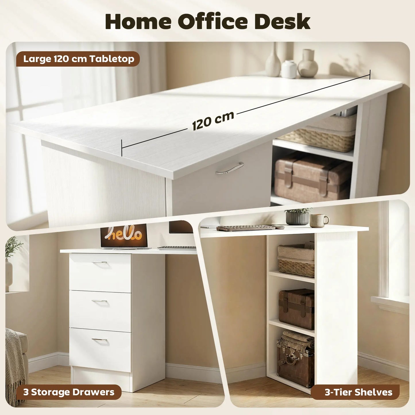 47 Inches Office Desk, 3-Tier Storage Shelves, Drawers, White Writing Desks at Gallery Canada