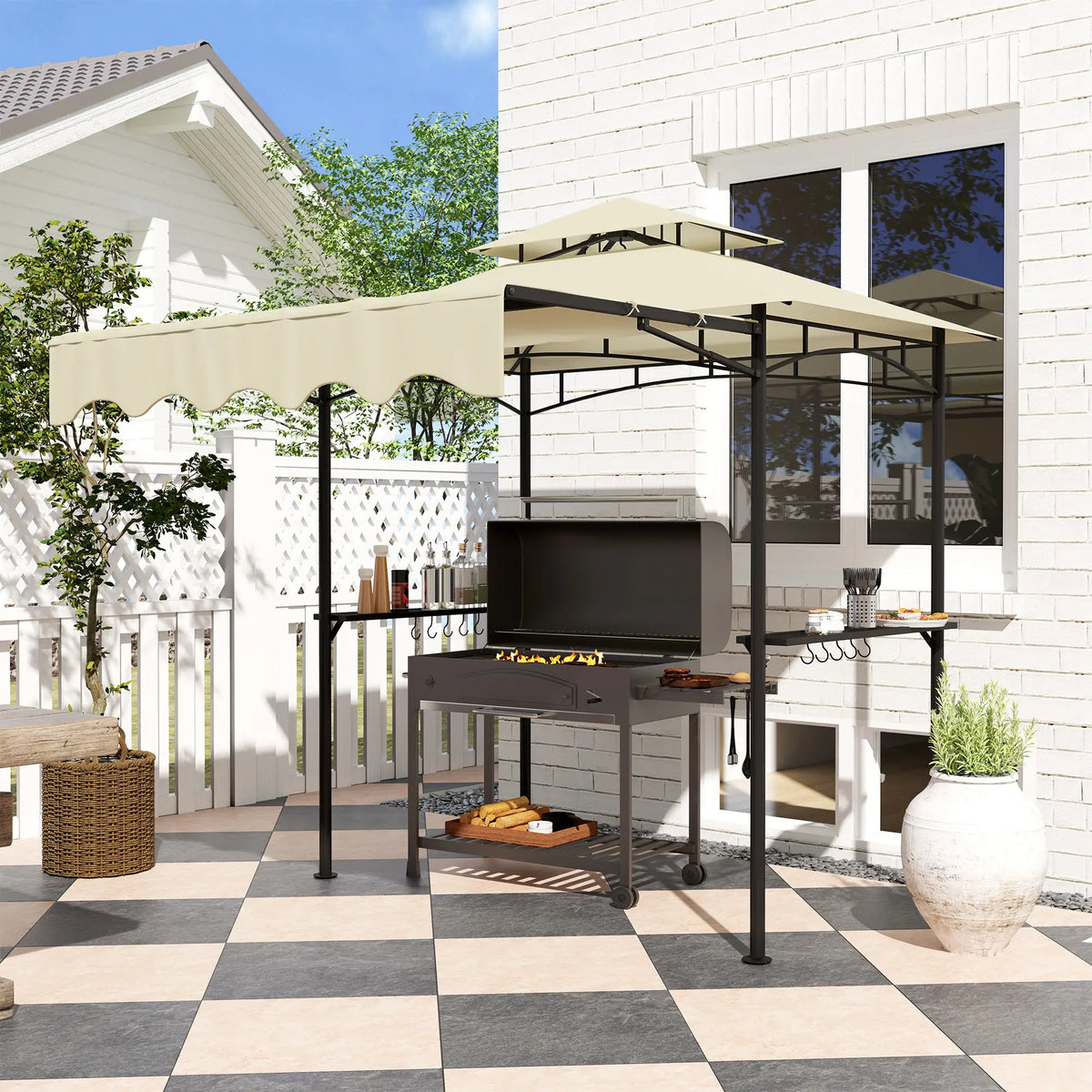 8' x 7.6' Grill Gazebo, Double Tiered, With Side Awning, Beige BBQ Grill Gazebos at Gallery Canada