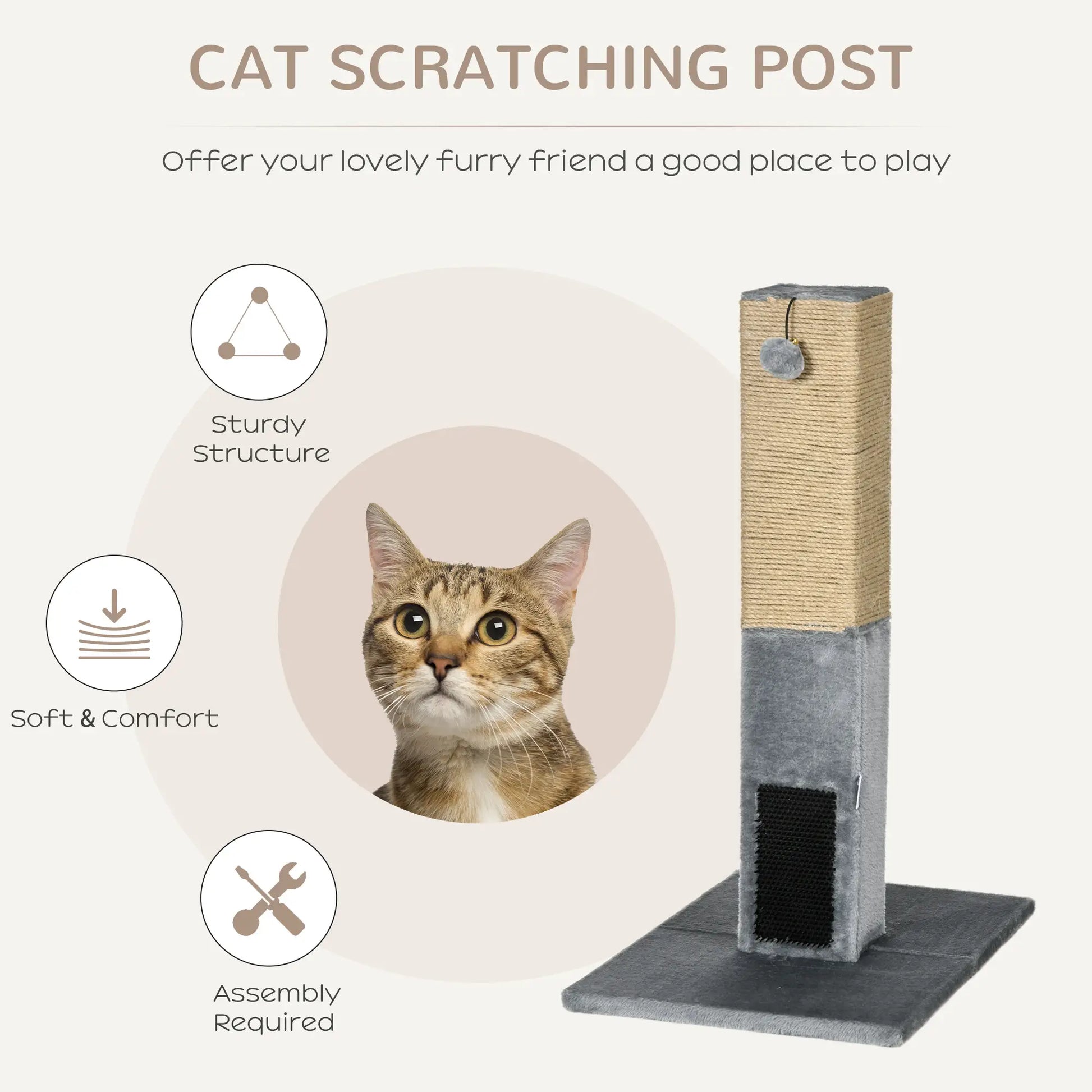 31" Tall Cat Scratching Post, Hanging Balls, Grooming Brushes, Grey Cat Posts at Gallery Canada