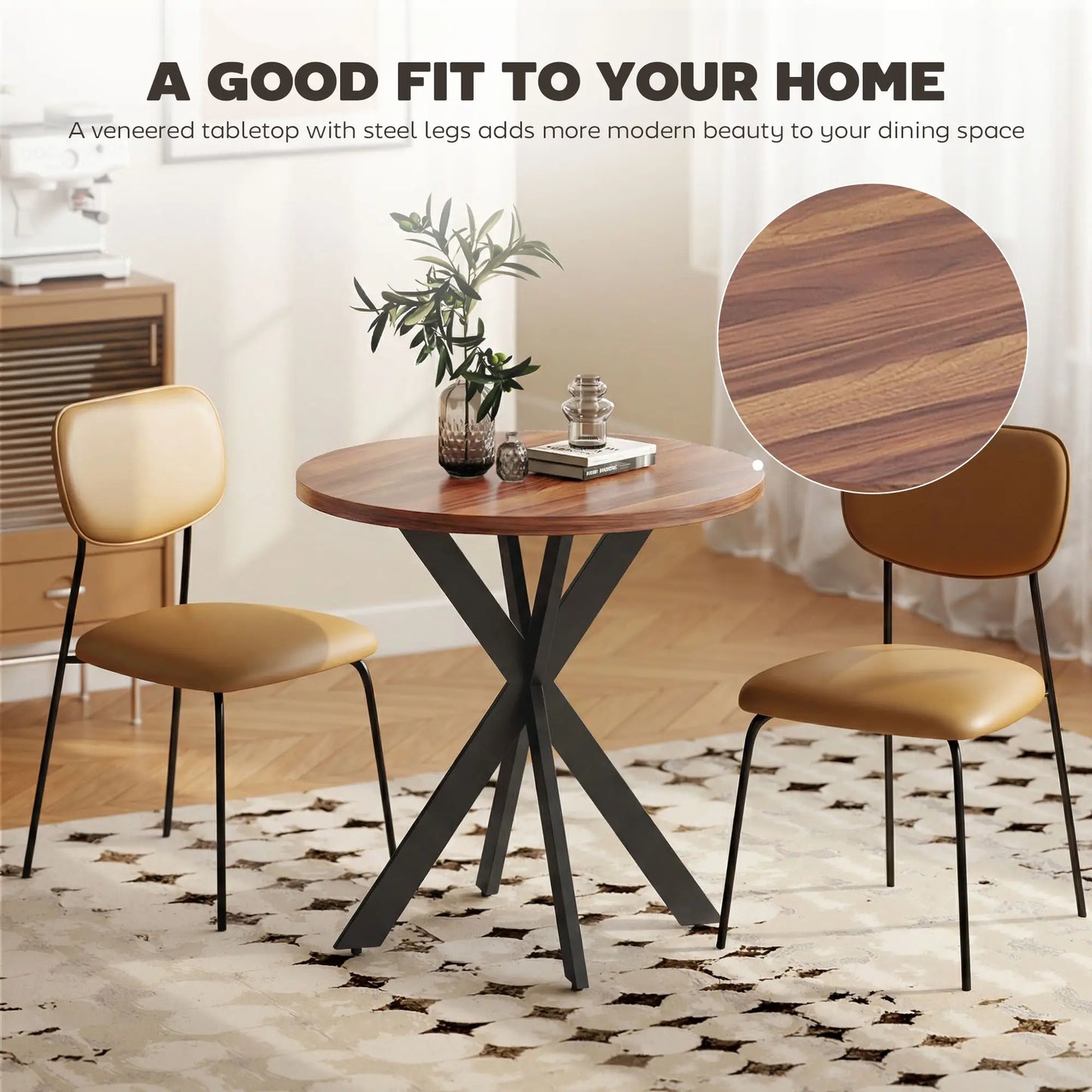 29" Round Dining Table, Walnut Finish, Steel Legs Dining Tables at Gallery Canada