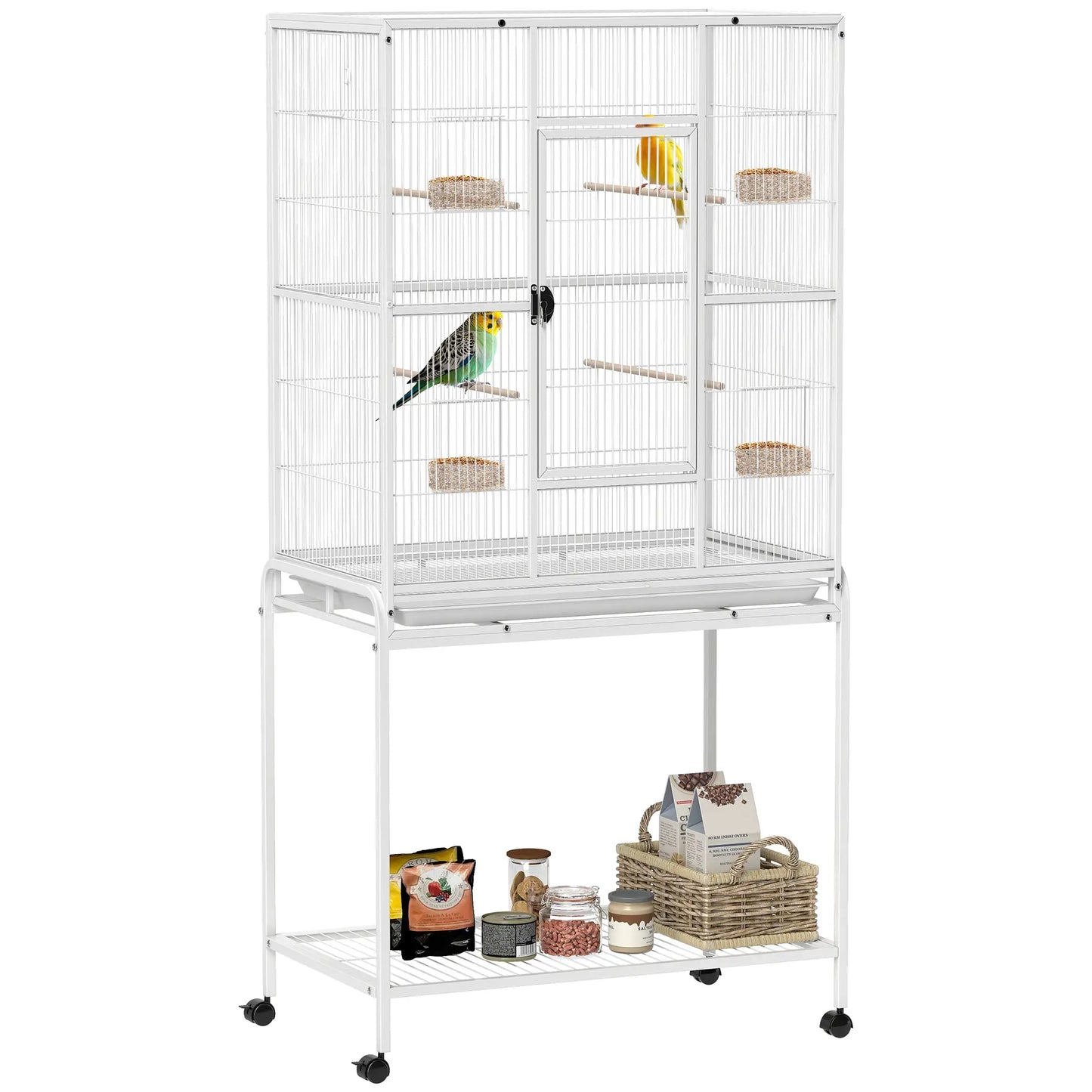 64" Large Rolling Bird Cage With Stand, Shelf, Perch, Food Container, White Bird Cages at Gallery Canada