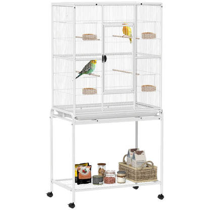 64" Large Rolling Bird Cage With Stand, Shelf, Perch, Food Container, White Bird Cages at Gallery Canada