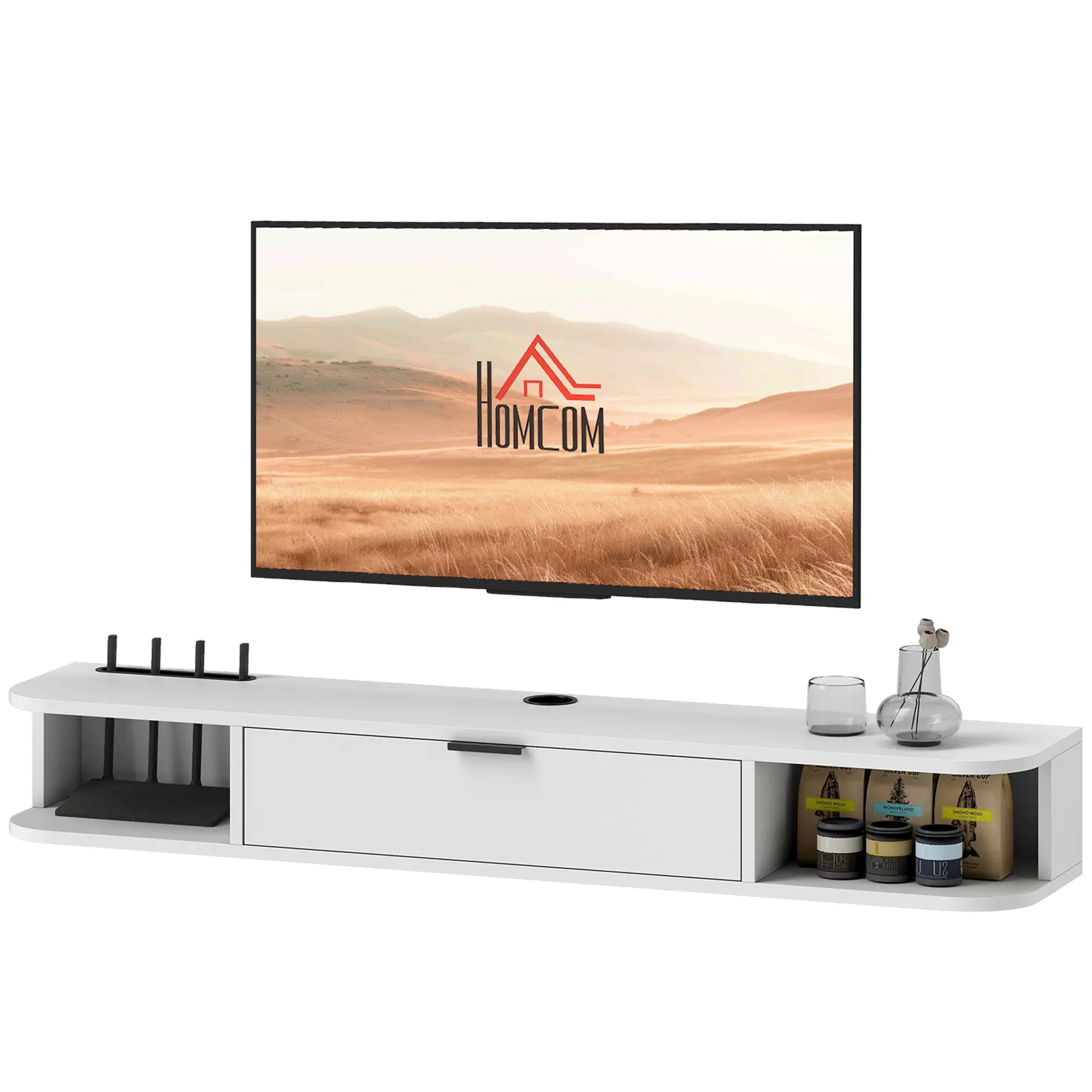 47 Inch Floating TV Stand, Wall Mounted Media Console, White TV Stands White Wood Grain at Gallery Canada
