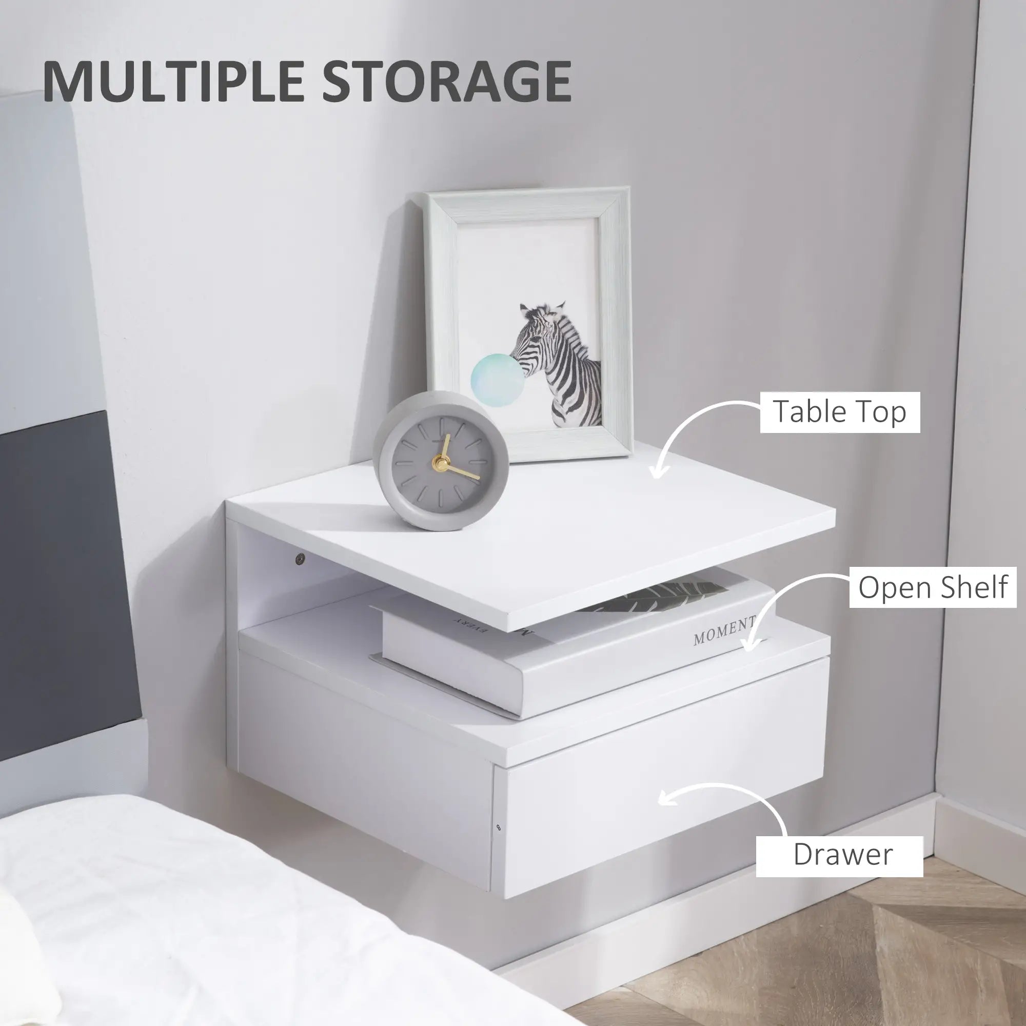 Floating Bedside Tables, Set of 2, Drawer and Open Shelf, White Bedside Tables at Gallery Canada