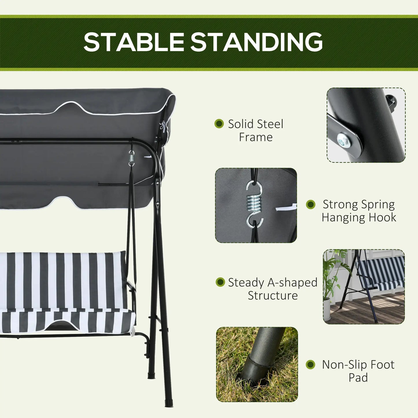 3-Seater Outdoor Porch Swing, Adjustable Canopy, White, Grey Patio Swings with Stand at Gallery Canada