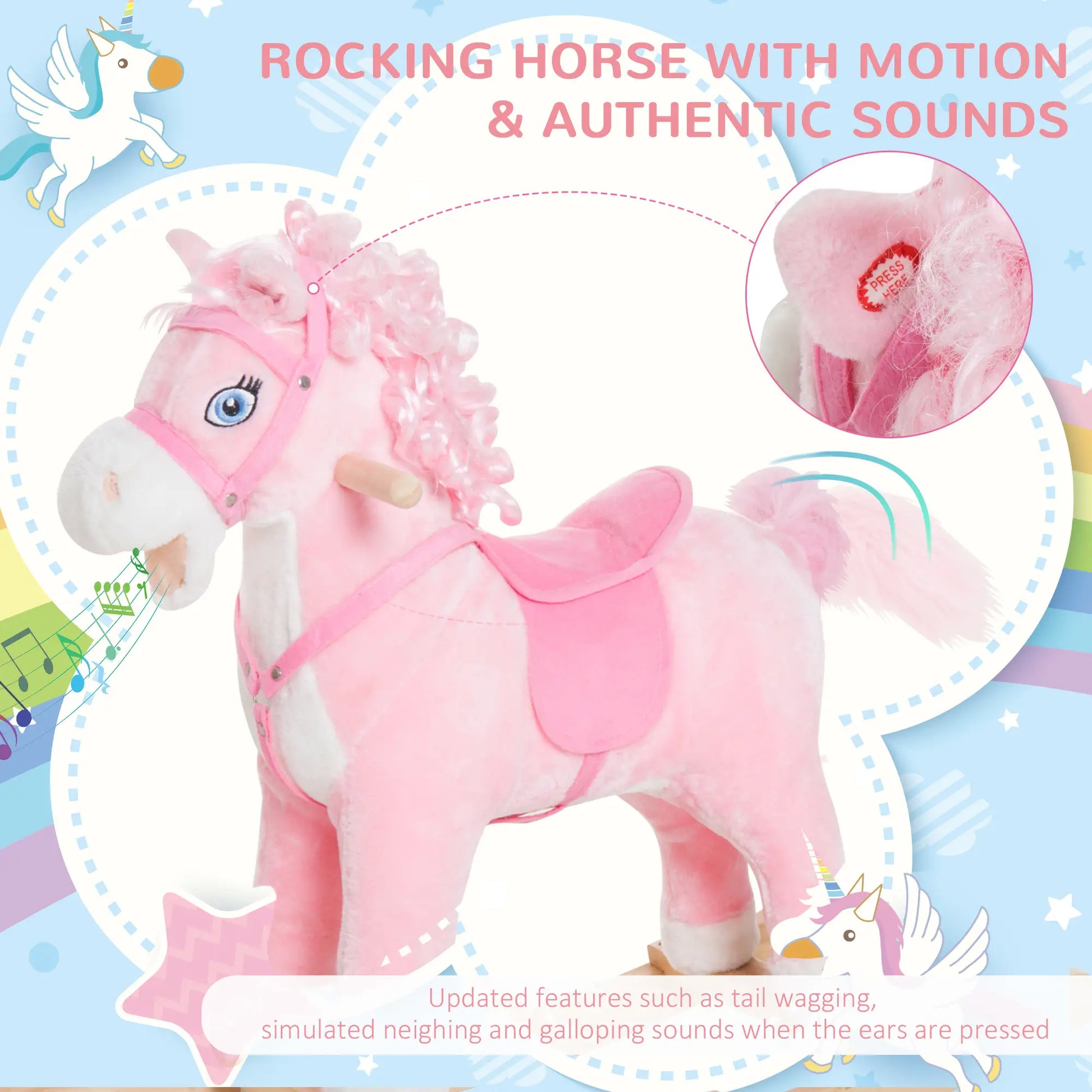 Kids Plush Rocking Horse, Ride On Toy with Sounds, Pink Rocking Horses at Gallery Canada