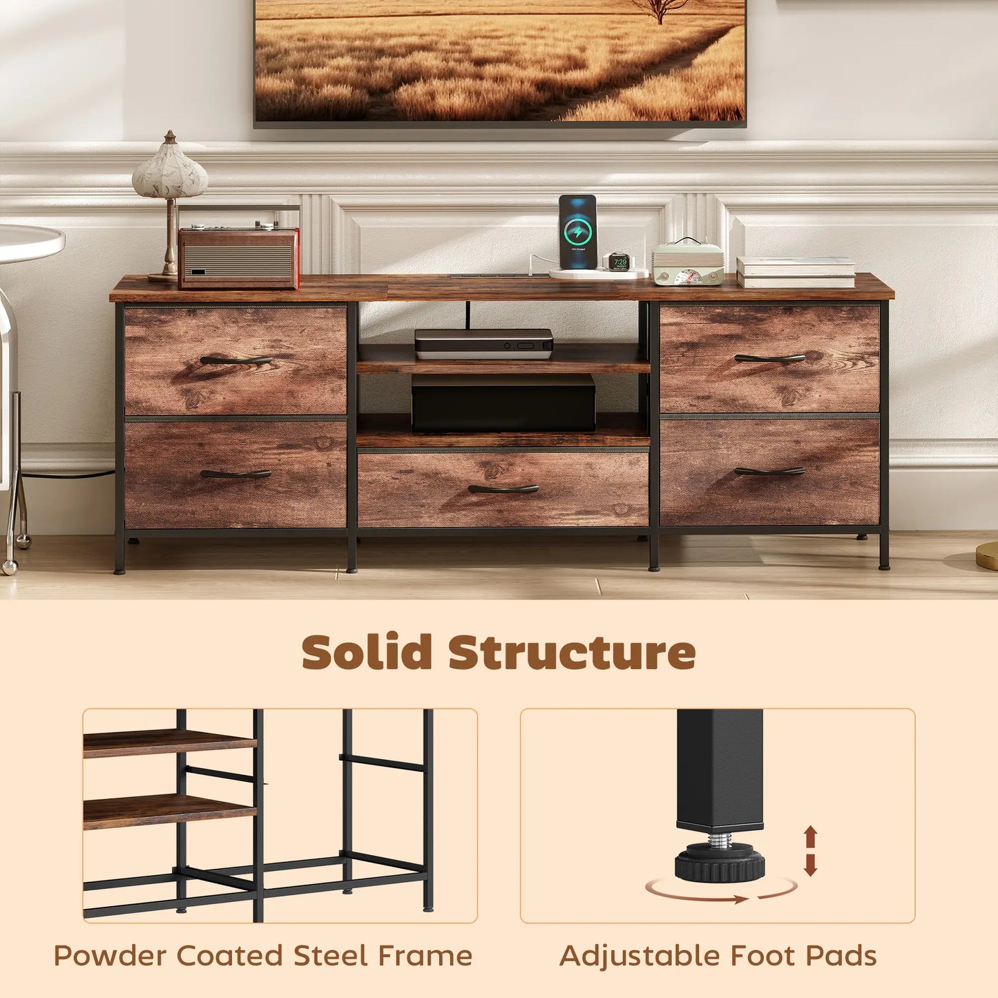 TV Stand For 65 Inch TVs, Industrial Console With Charging Station, 5 Drawers, Rustic Brown TV Stands at Gallery Canada