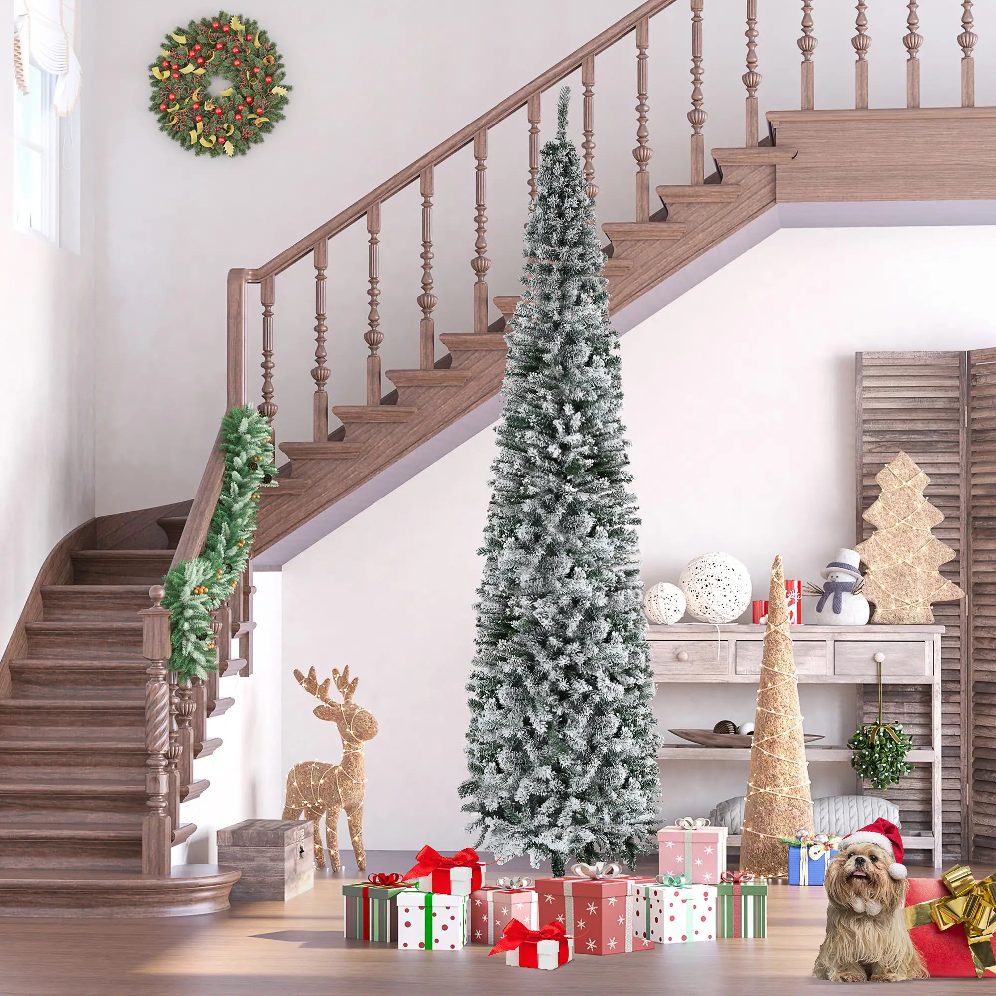9ft Flocked Pencil Christmas Tree, Realistic Branch Tips, Green Pencil Christmas Trees at Gallery Canada