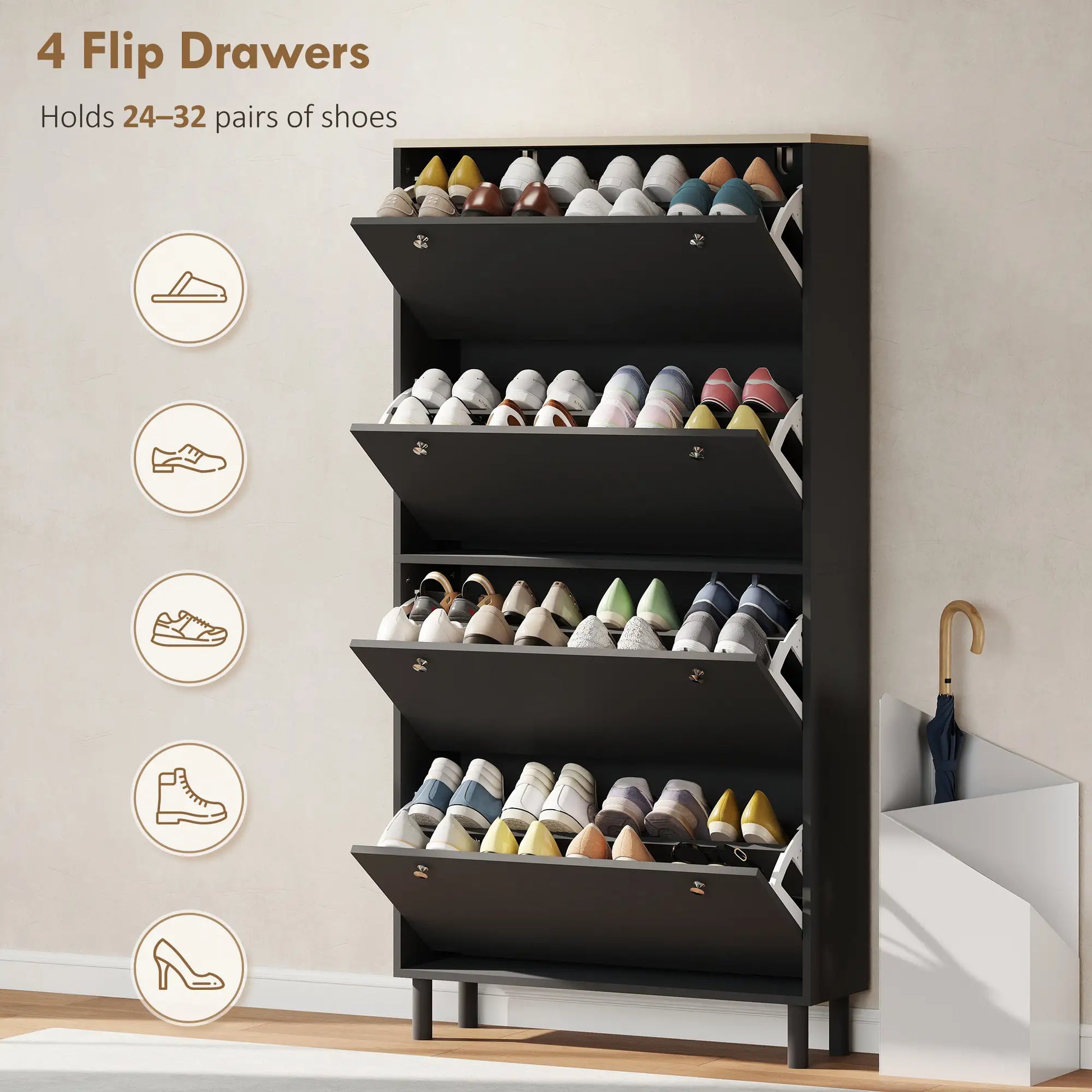 Narrow Shoe Cabinet with 4 Flip Drawers, Adjustable Shelves, Holds 24-32 Pairs, Black Shoe Storage Cabinets & Racks at Gallery Canada