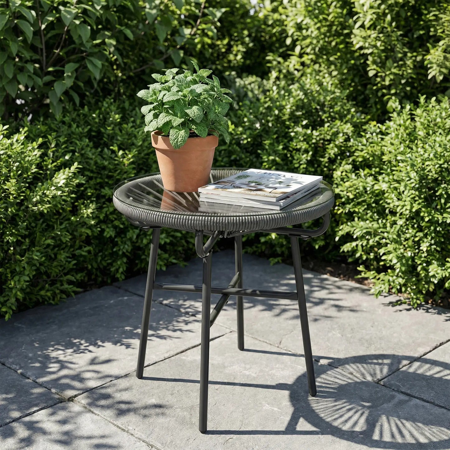 Round Outdoor Rattan Side Table, Tempered Glass Top, Dark Grey Patio Side Tables at Gallery Canada