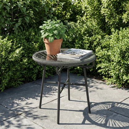 Round Outdoor Rattan Side Table, Tempered Glass Top, Dark Grey Patio Side Tables at Gallery Canada
