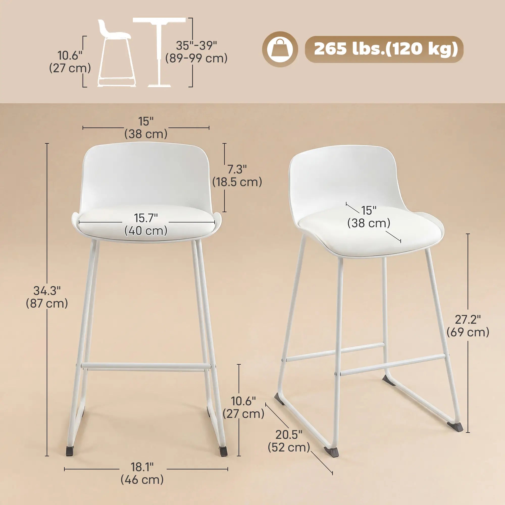 Modern Bar Stools Set of 2, PU Leather, Counter Height, White Bar Stools at Gallery Canada