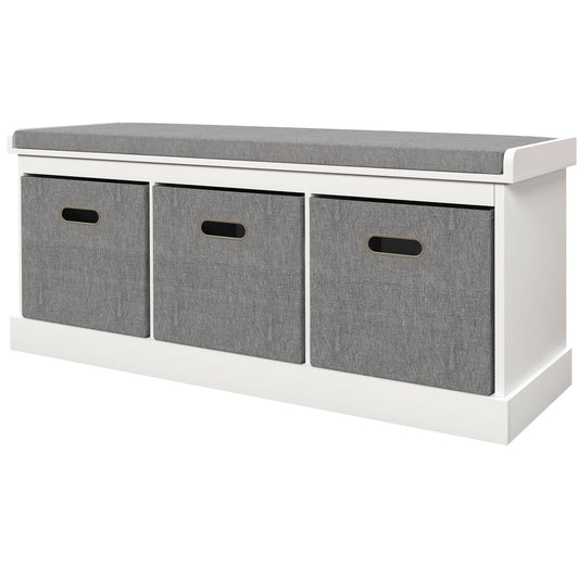 Shoe Storage Bench with Seat, Entryway Bench Seat with Cushion, 3 Fabric Drawers for Hallway, White