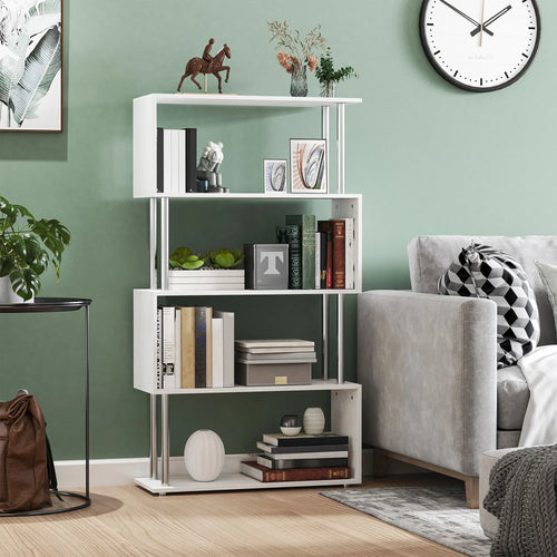 5-Tier Geometric Wooden Bookcase, S-Shaped Storage, White