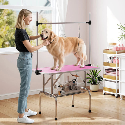Adjustable Dog Grooming Table with 2 Safety Slings, Storage Basket, Pink