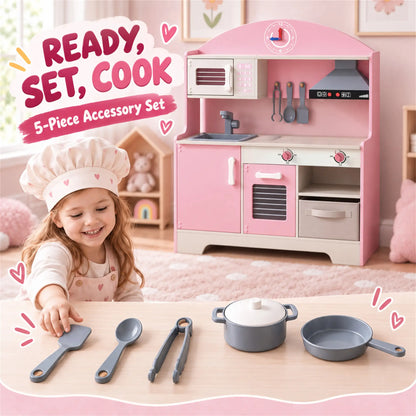 Kids Wooden Play Kitchen Set, Lights Sounds, 5pcs, Ages 3-6, Pink