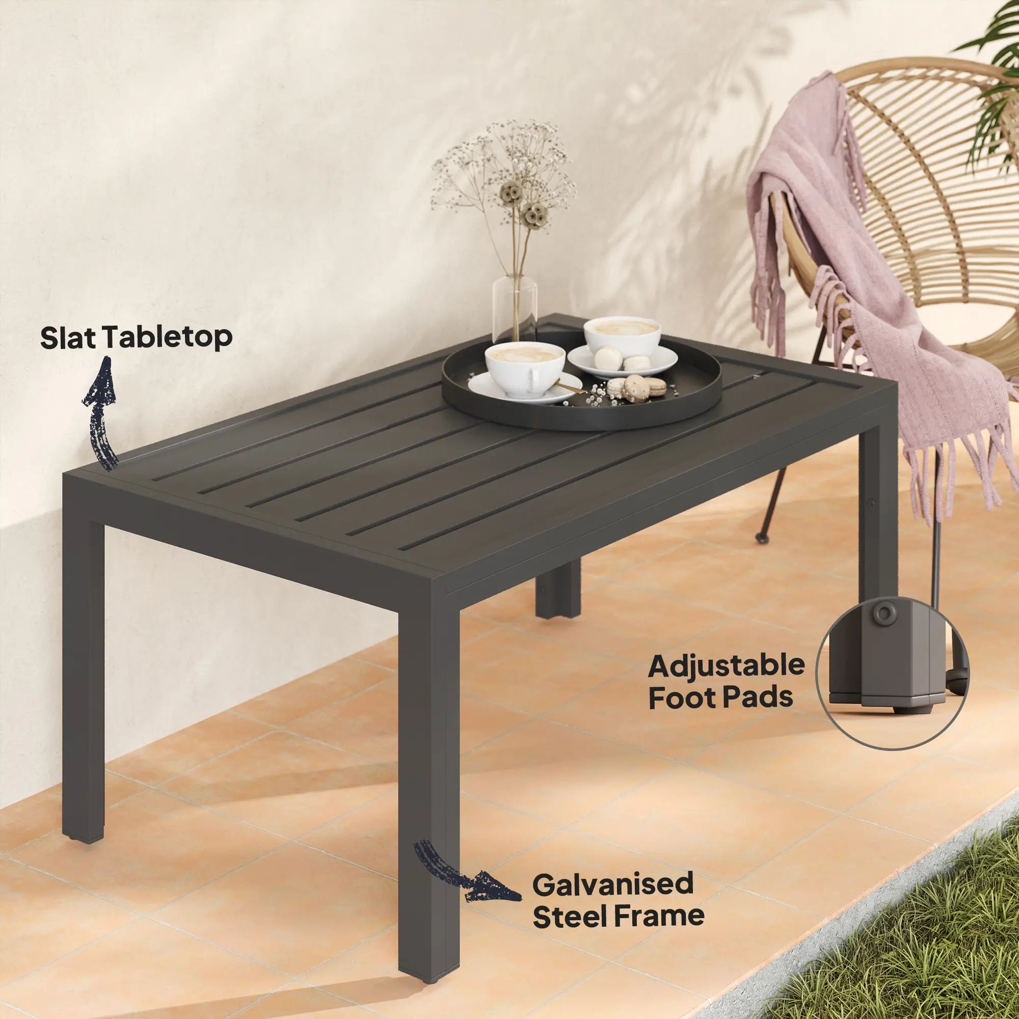 Outdoor Coffee Table, Rectangular, Steel Frame, Slat Tabletop, Grey Patio Side Tables at Gallery Canada