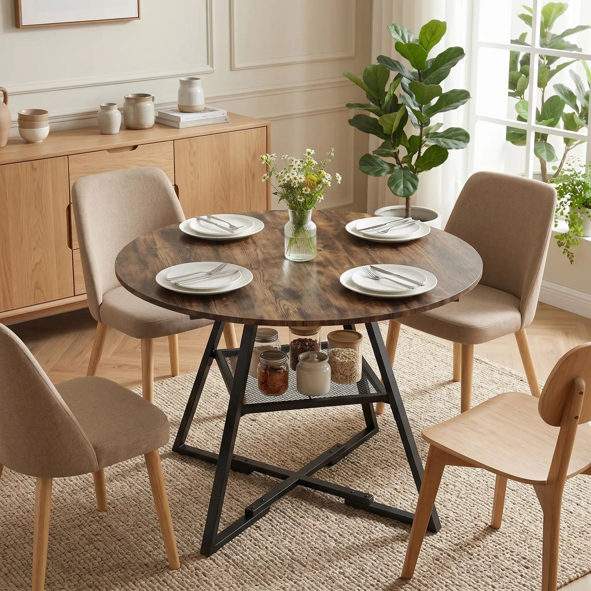 39.4 Inch Round Dining Table For 4, Metal Storage Shelf, Rustic Brown Dining Tables at Gallery Canada