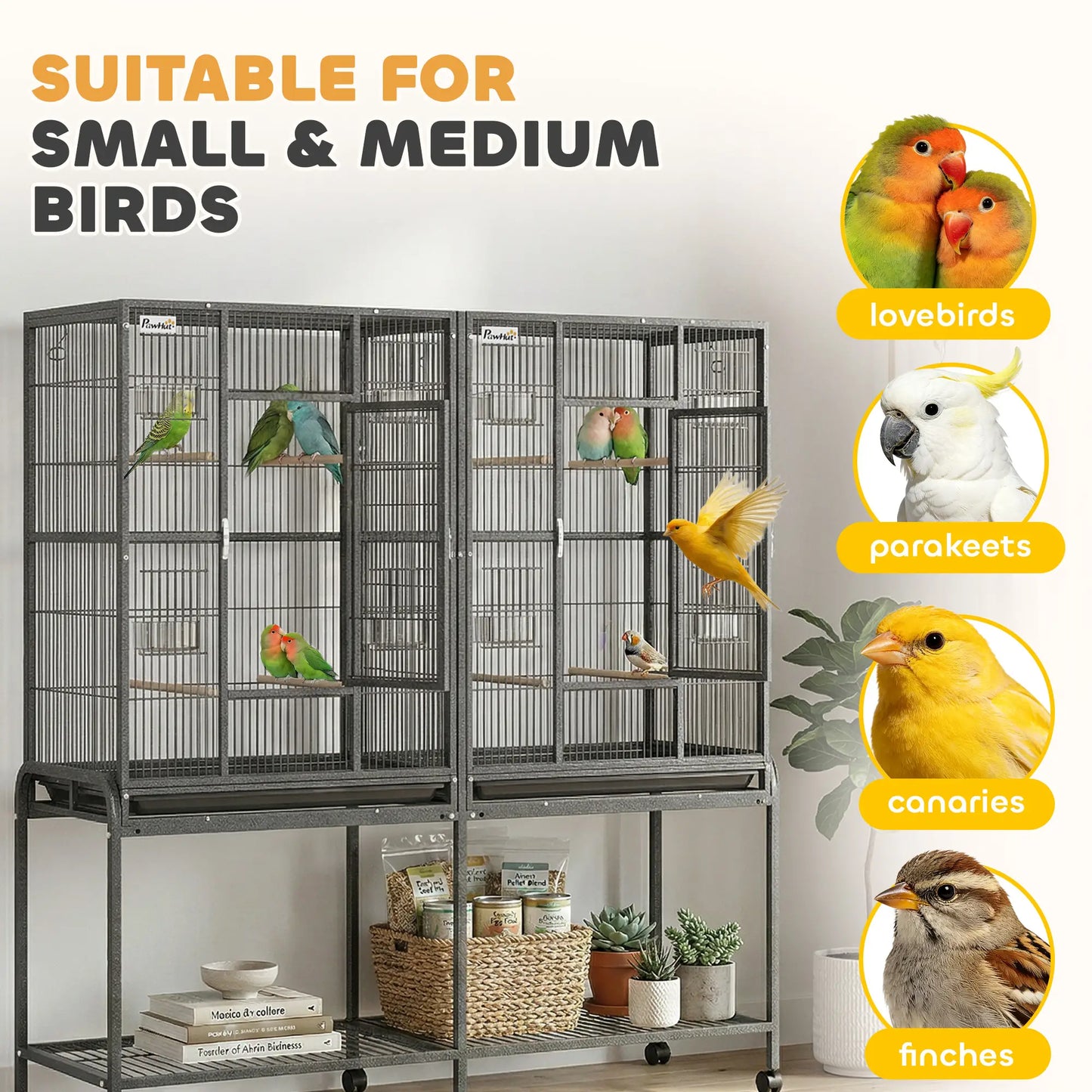56"H Bird Cage, Parrot Cage w/ Detachable Rolling Stand, Removable Tray, Storage Shelf, Perches, Food Container Bird Cages at Gallery Canada
