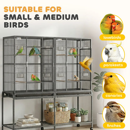 56"H Bird Cage, Parrot Cage w/ Detachable Rolling Stand, Removable Tray, Storage Shelf, Perches, Food Container Bird Cages at Gallery Canada