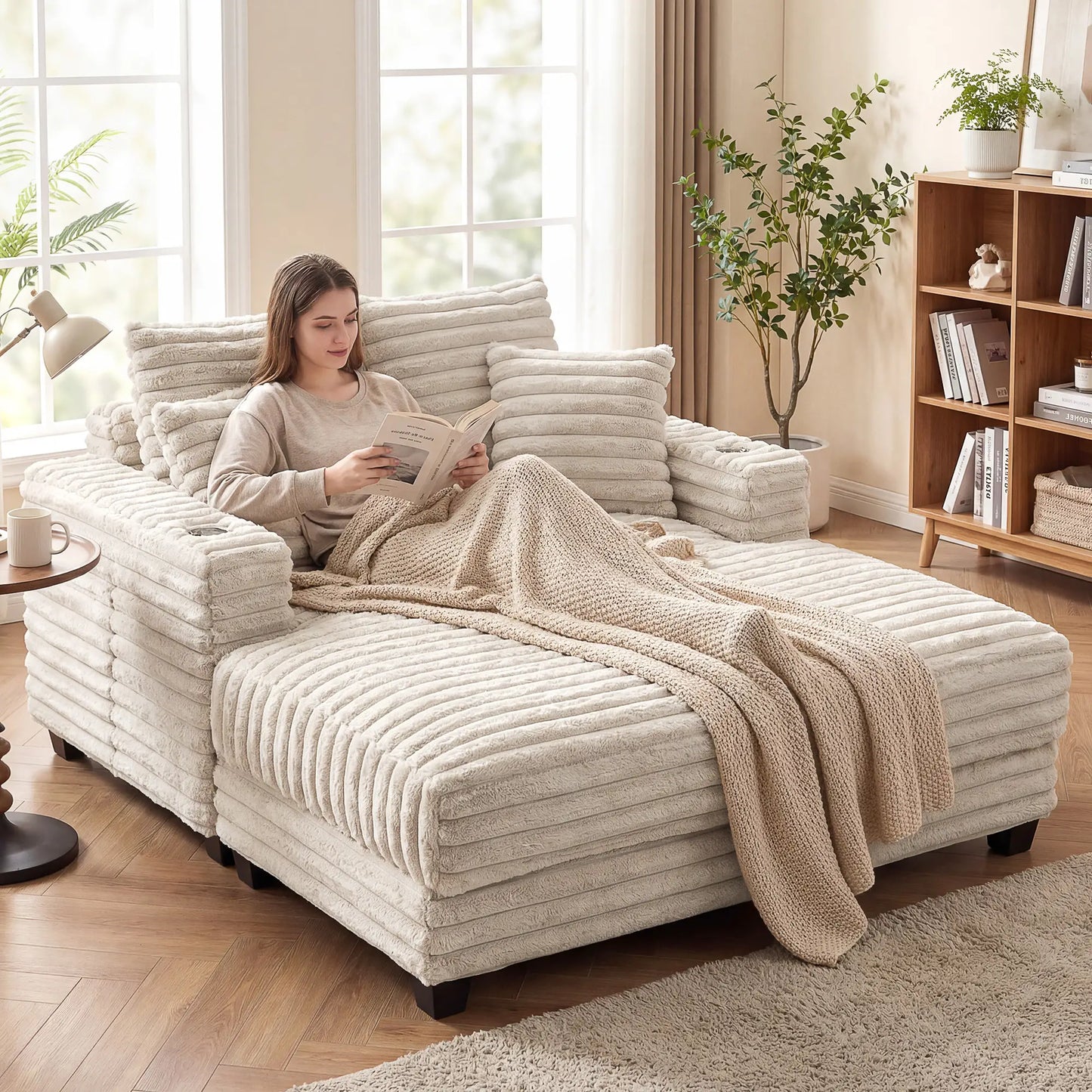 60" Chaise Lounge Chair, Upholstered Sofa Bed With Cup Holders, Beige Sofas & Reclining Chairs at Gallery Canada