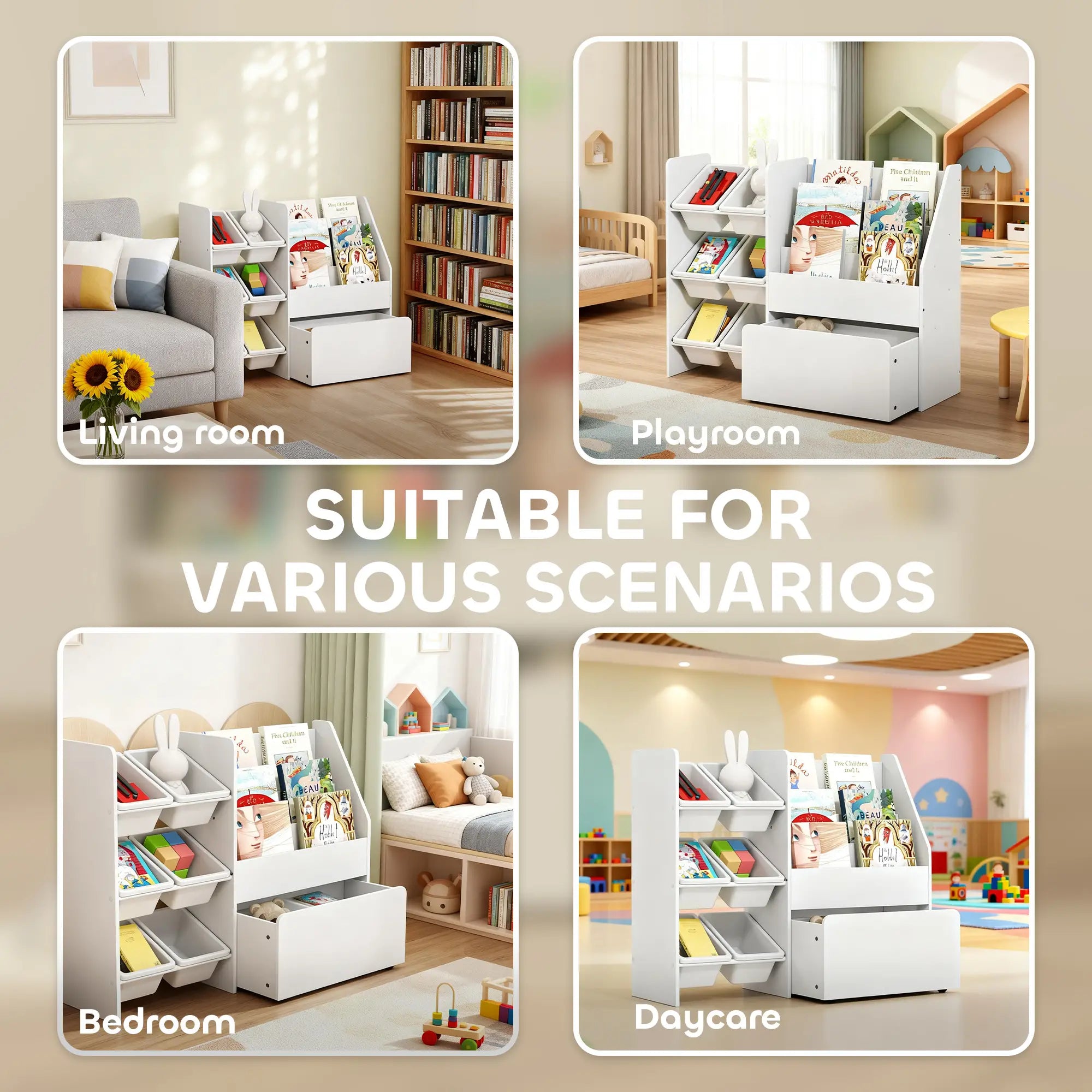 Kids Bookshelf Toy Storage, 3 Tier Bookcase 6 Removable Bins, White Baby & Kids Storage at Gallery Canada