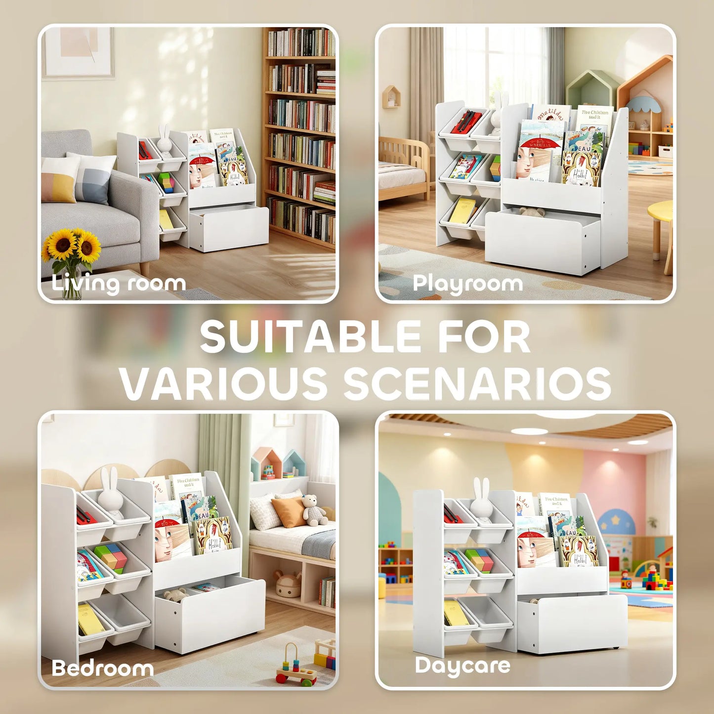 Kids Bookshelf Toy Storage, 3 Tier Bookcase 6 Removable Bins, White Baby & Kids Storage at Gallery Canada