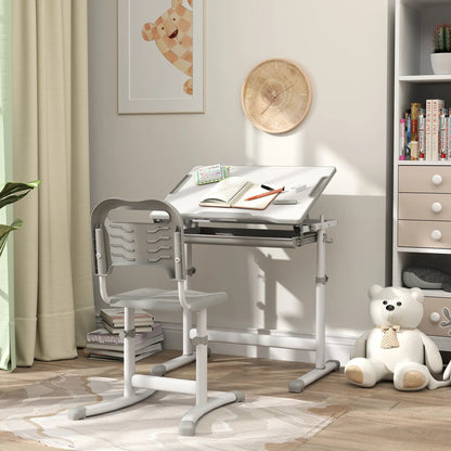 Adjustable Study Table and Chair Set, Drawer, Pen Slot, Grey Kids Desk Sets at Gallery Canada
