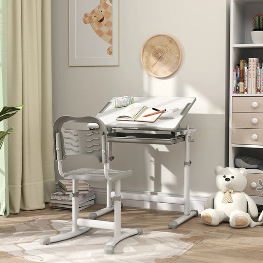 Adjustable Study Table and Chair Set, Drawer, Pen Slot, Grey Kids Desk Sets Grey at Gallery Canada