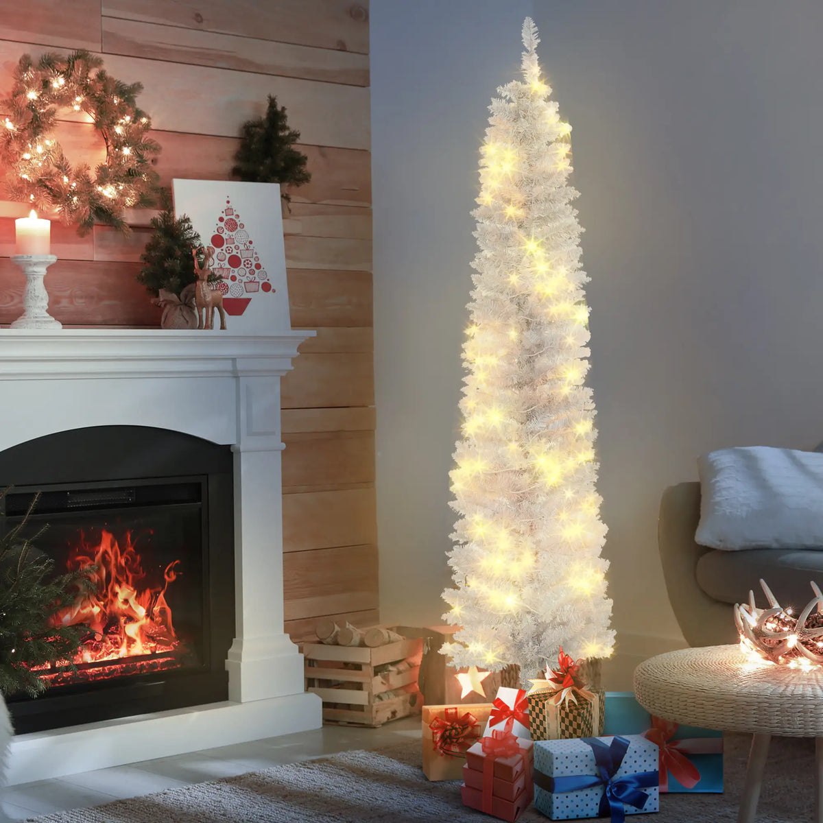 6ft Prelit Pencil Artificial Christmas Tree, 395 Branches, 100 LED Lights, White Pre Lit Christmas Trees at Gallery Canada