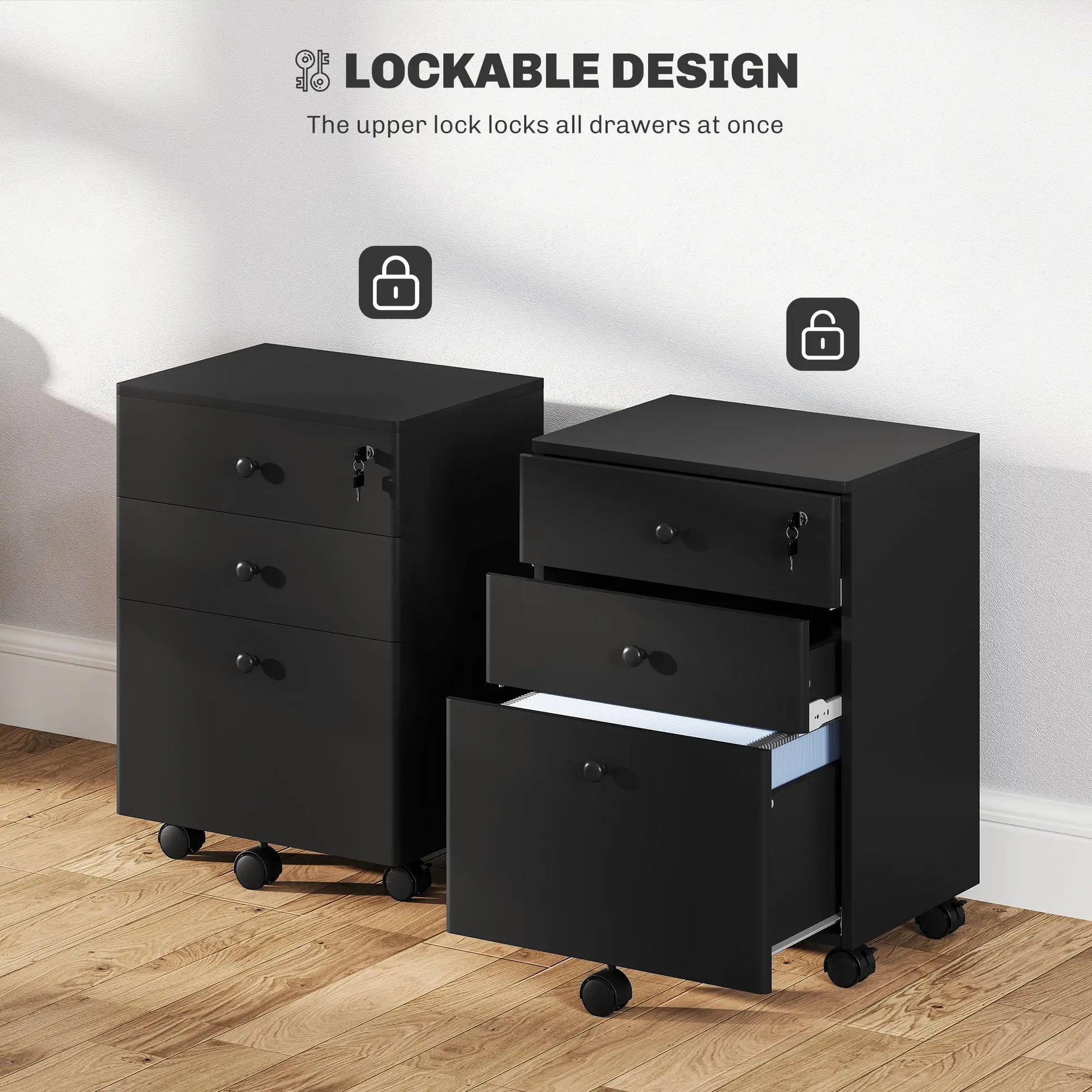 3-Drawer Small Filing Cabinet with Lock, Vertical Office Storage, Black Office Cabinets & Cupboards at Gallery Canada