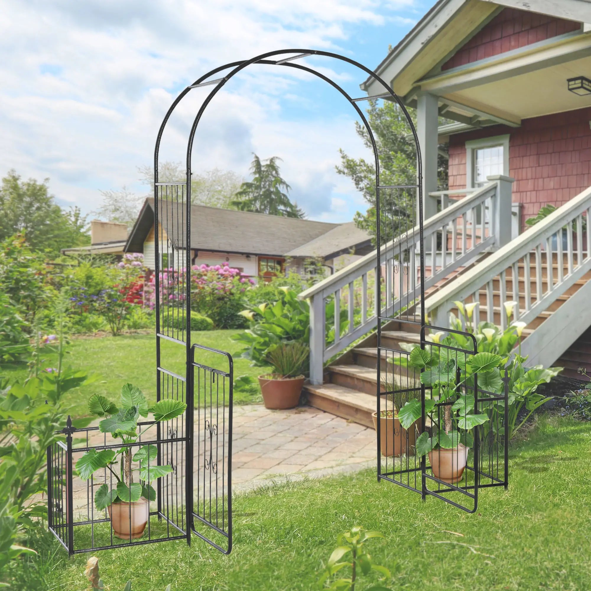 7.2FT Metal Garden Arbor, Double Doors, 2 Side Baskets, Black Garden Arches at Gallery Canada