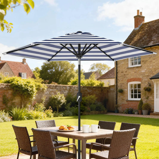 Outdoor Patio Sun Umbrella, 6 Ribs, Stripes, Blue Patio Umbrellas Blue and White Stripes at Gallery Canada