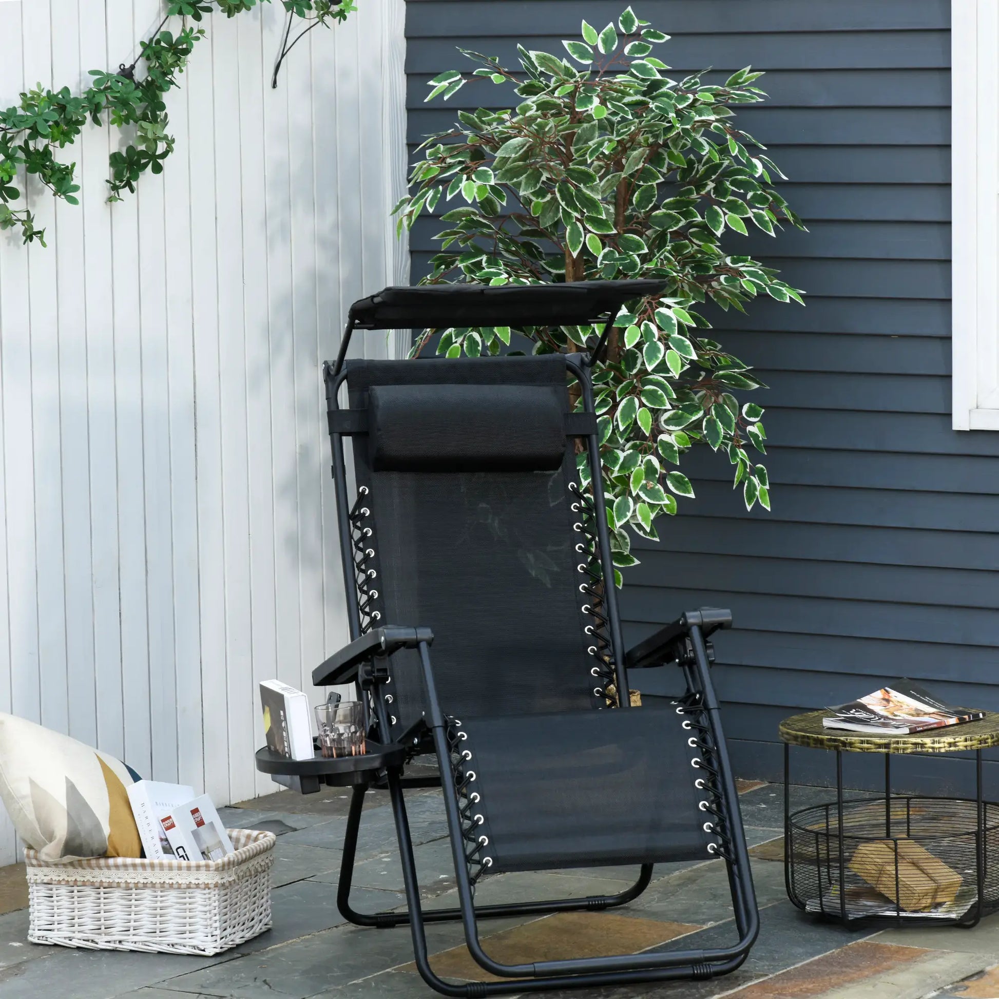 Zero Gravity Reclining Lounger Chair, Canopy Shade, Side Tray, Cupholder, Black Lounger Chairs at Gallery Canada