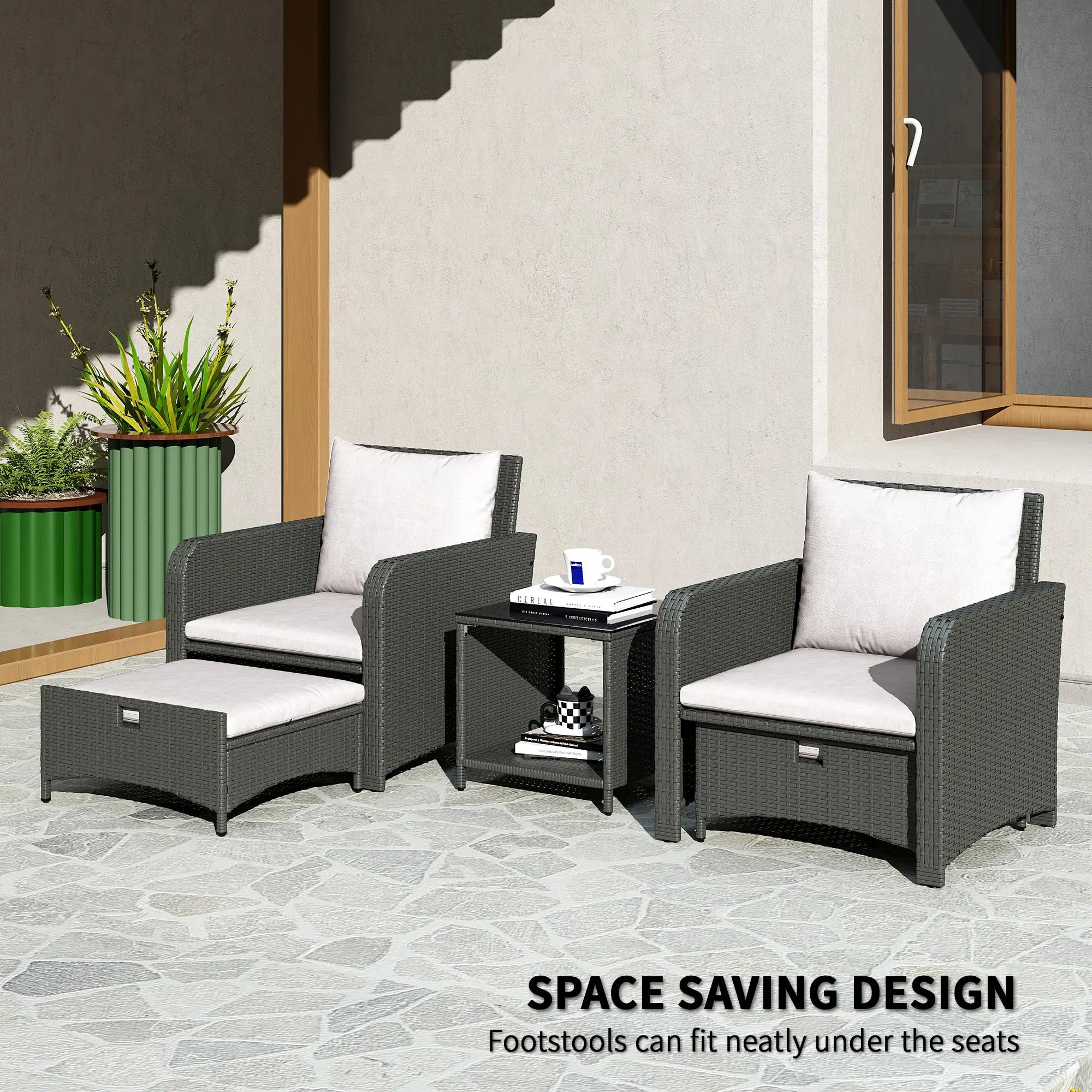 5 Piece Rattan Balcony Set, Wicker Outdoor Furniture, 2-Tier Coffee Table, Ottomans, Cream White, Grey Patio Furniture Sets at Gallery Canada