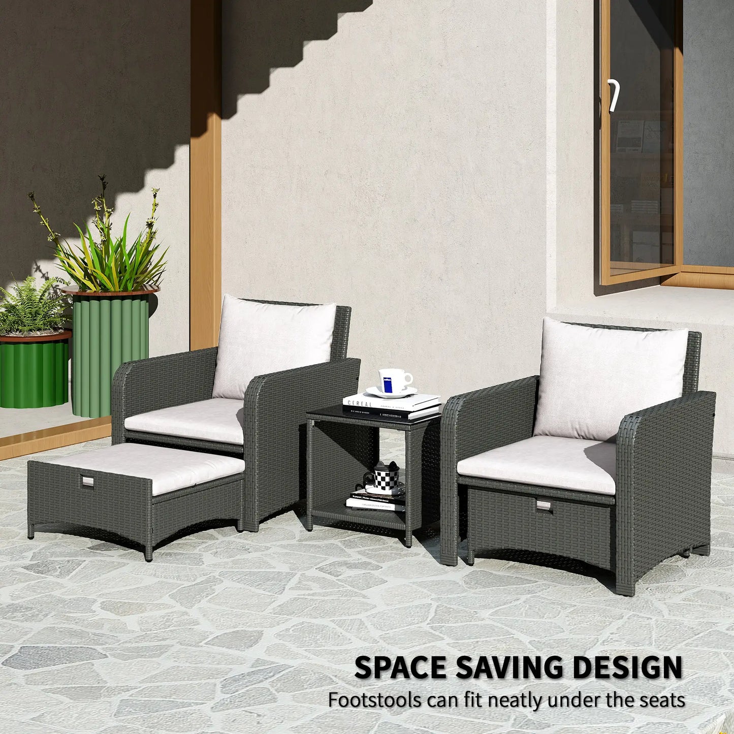 5 Piece Rattan Balcony Set, Wicker Outdoor Furniture, 2-Tier Coffee Table, Ottomans, Cream White, Grey Patio Furniture Sets at Gallery Canada