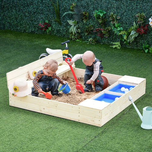 Kids Wooden Sandbox with Foldable Bench, 2 Plastic Boxes, Liner