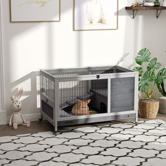 Wooden Indoor Rabbit Hutch Elevated Bunny Cage Habitat with Enclosed Run with Wheels, Ideal for Rabbits and Guinea Pigs, Grey - Gallery Canada