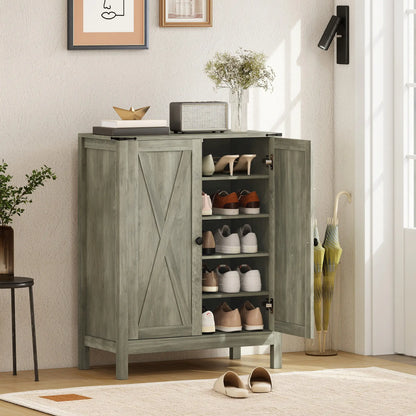 Shoe Cabinet With Barn Doors, Adjustable Shelves, Holds 15 Pairs, Grey