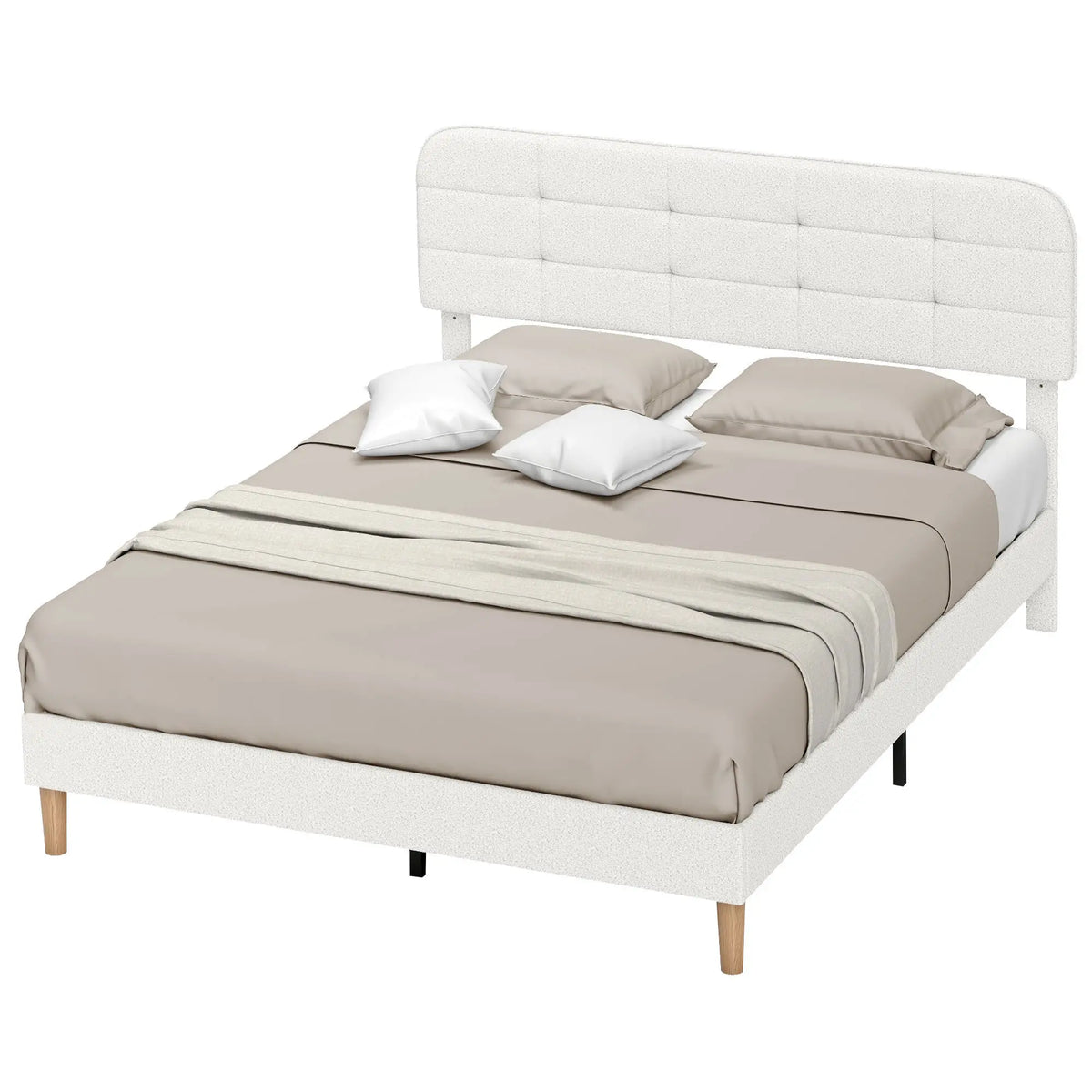 Queen Size Upholstered Platform Bed Frame, Adjustable Headboard, White