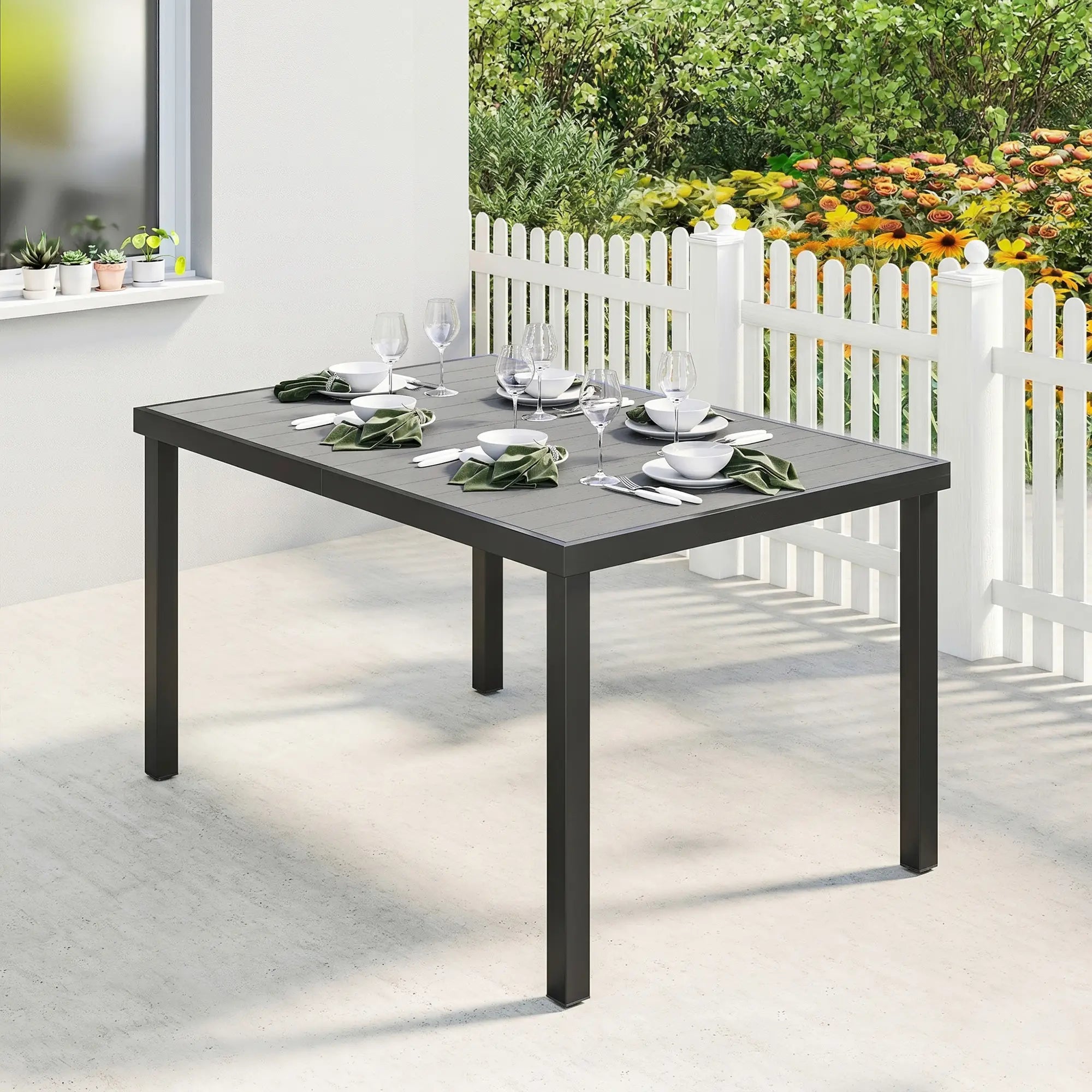 Rectangular Patio Table For 6, Wood-Plastic Composite Top, Steel Frame, Grey Patio Dining Tables at Gallery Canada