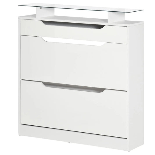 High Gloss Shoe Cabinet, 2 Flip Drawers, Adjustable Shelves, Glass Top, White Shoe Storage Cabinets & Racks High Gloss White at Gallery Canada