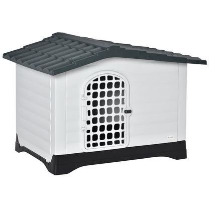 Plastic Dog Kennel House Puppy Indoor &; Outdoor Pet Shelter with Raised Base Window Door for Medium Sized Dogs Grey and White at Gallery Canada