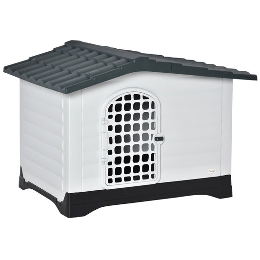 Plastic Dog Kennel House Puppy Indoor &; Outdoor Pet Shelter with Raised Base Window Door for Medium Sized Dogs Grey and White - Gallery Canada