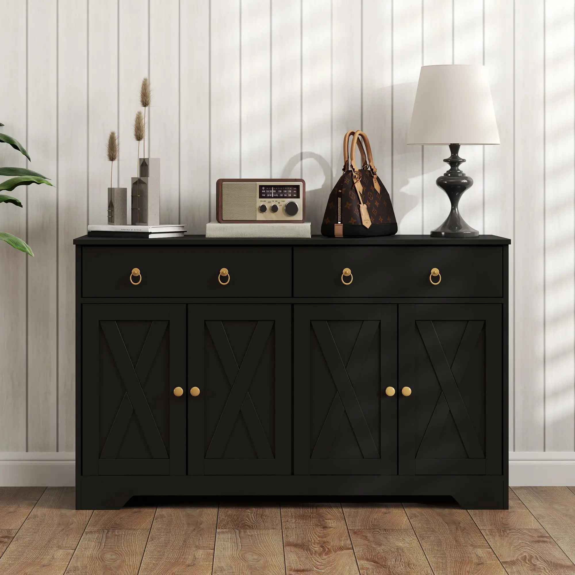 Sideboard Cabinet, 2 Drawers, 4 Barn Doors, 2 Adjustable Shelves, Black Bar Cabinets at Gallery Canada