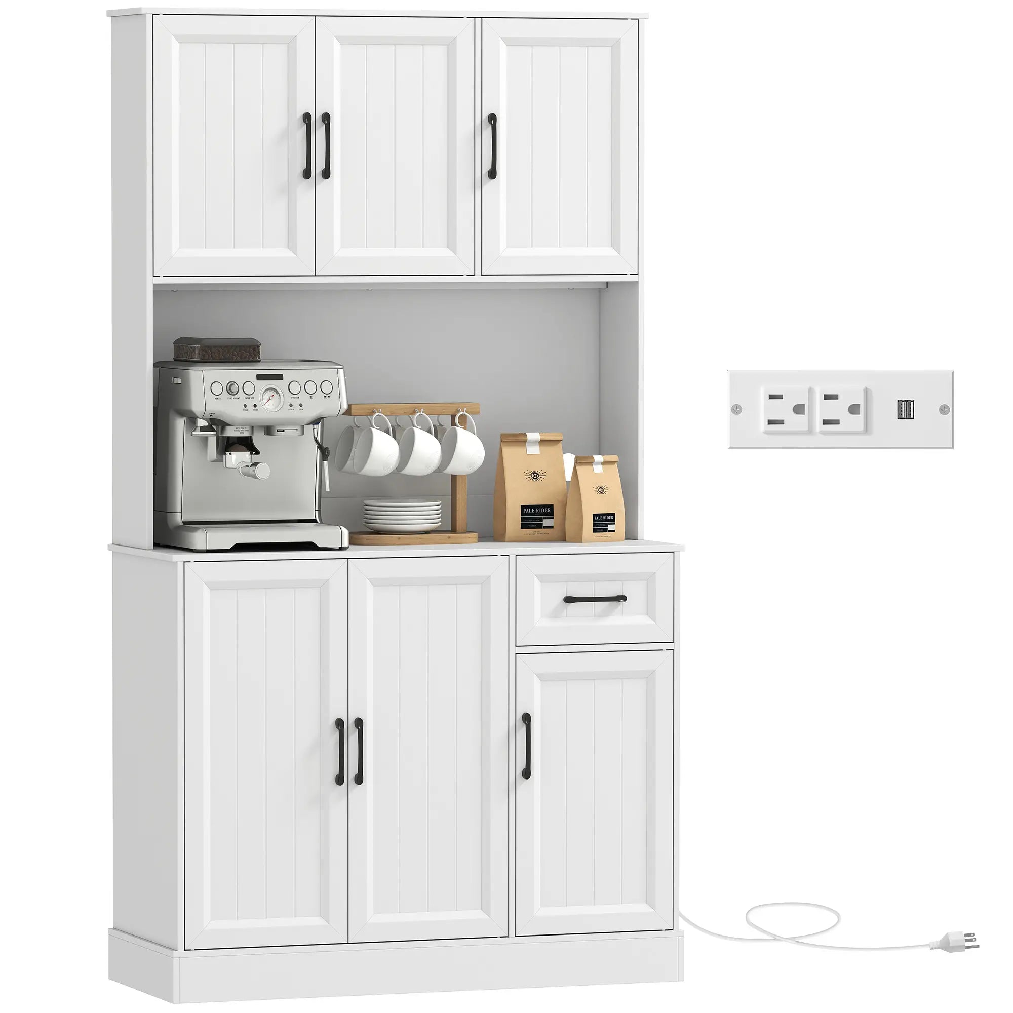 71 Inch Pantry Cabinet with Charging Station, Microwave Stand, Adjustable Shelves, White Kitchen Pantry Cabinets at Gallery Canada