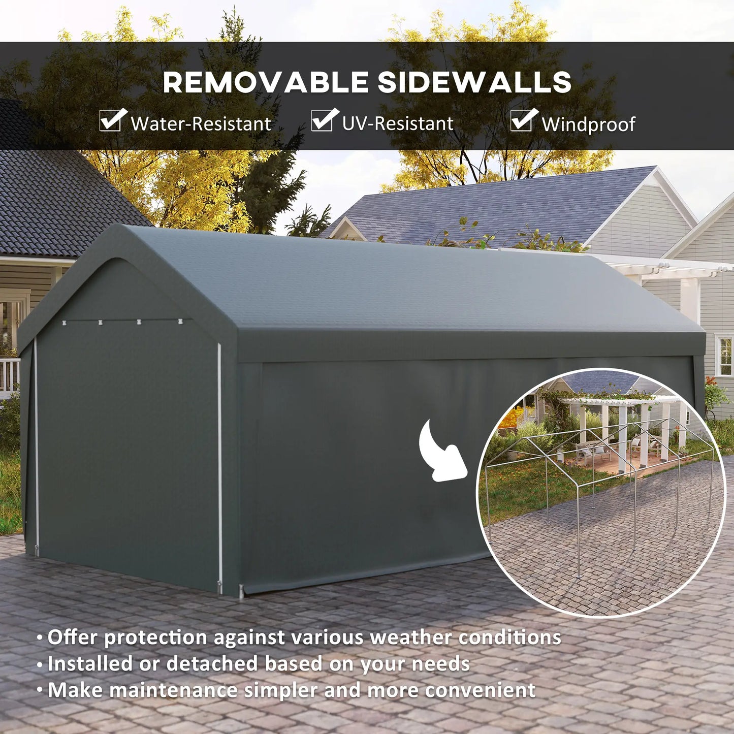 10 x 20 ft Portable Carport, 2 Roll-Up Doors, Removable Sidewalls, Dark Grey Car Shelters at Gallery Canada