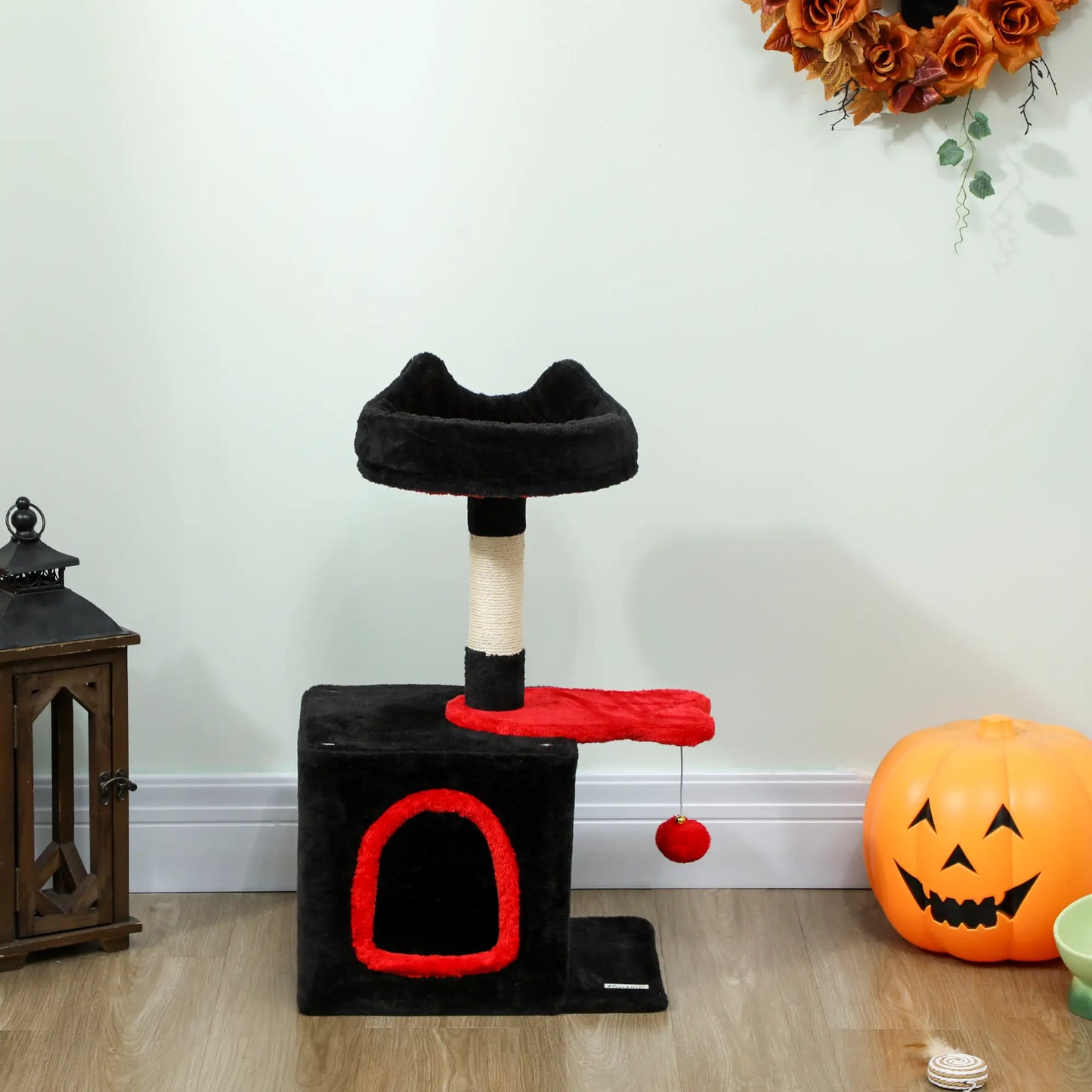 28" Gothic Cat Tree Tower, Plush Bed, Condo, Scratching Post, Red & Black Cat Posts at Gallery Canada