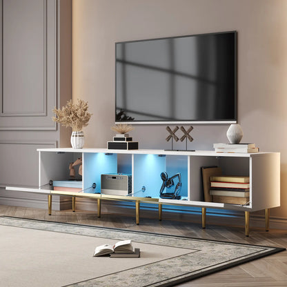 TV Stand, 4 Doors, Handles, Tempered Glass, LED Light, 67" L x 14.5" W x 18.5" H, White+Gold TV Stands at Gallery Canada