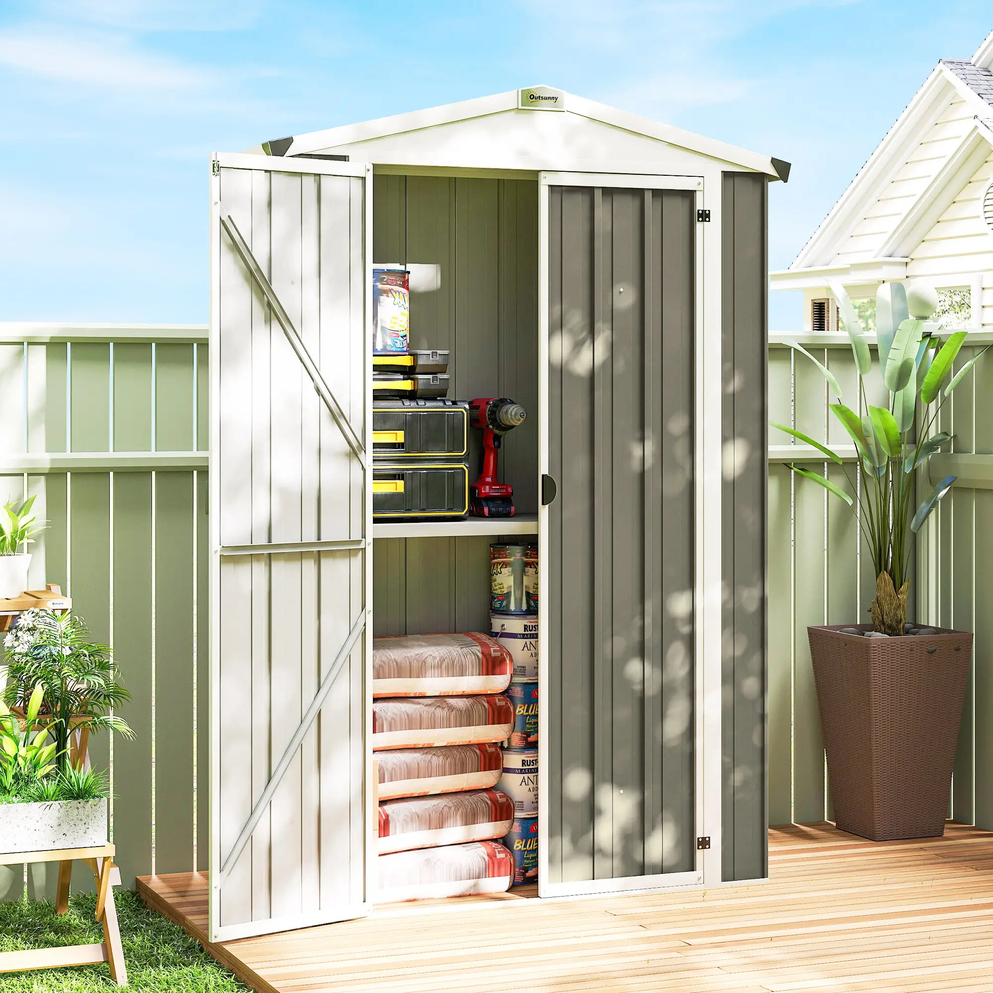 Metal Garden Shed with Shelf, Apex Roof, Light Grey Sheds at Gallery Canada